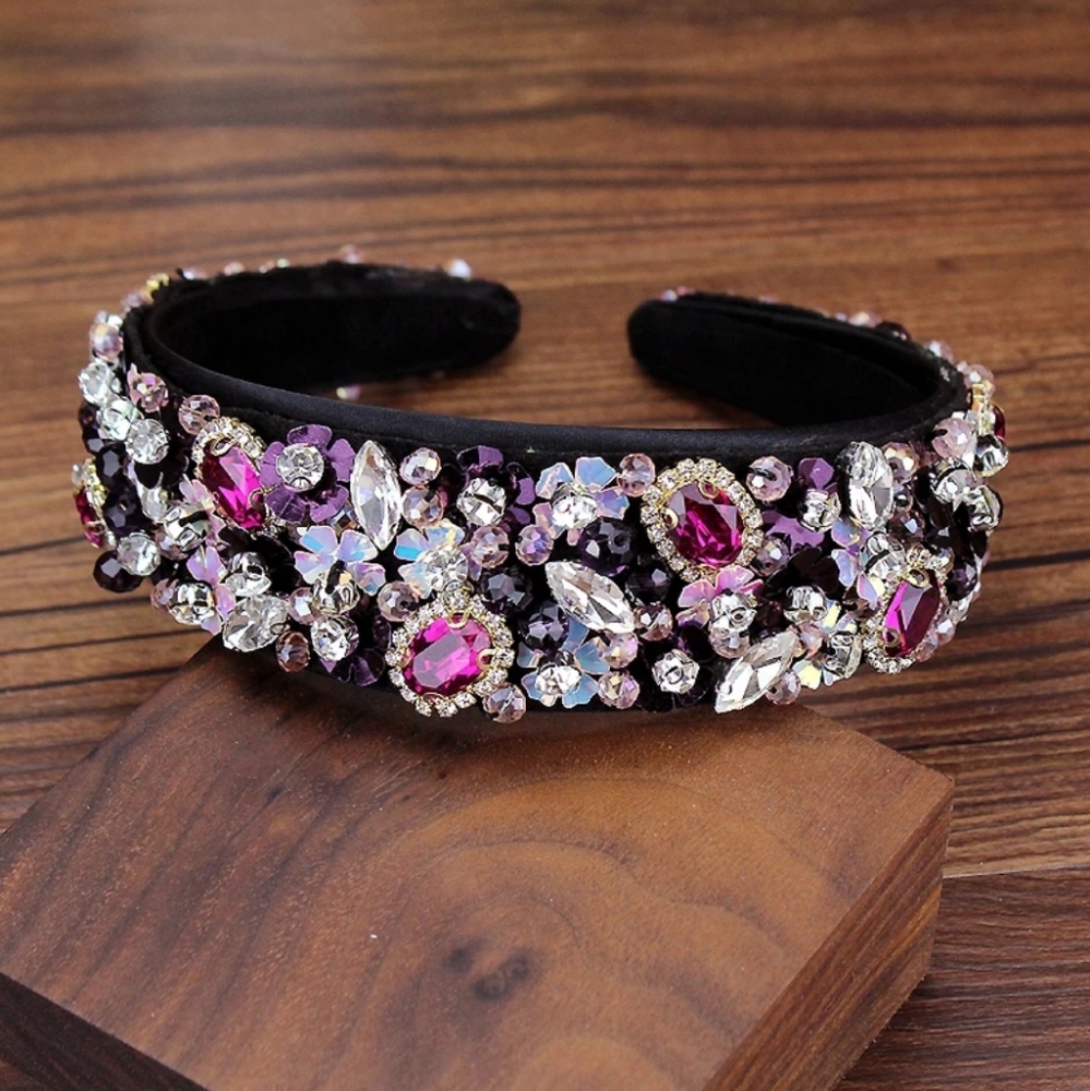 Handmade Full Black Fuchsia Crystal Beads Headband with Sequins For Women